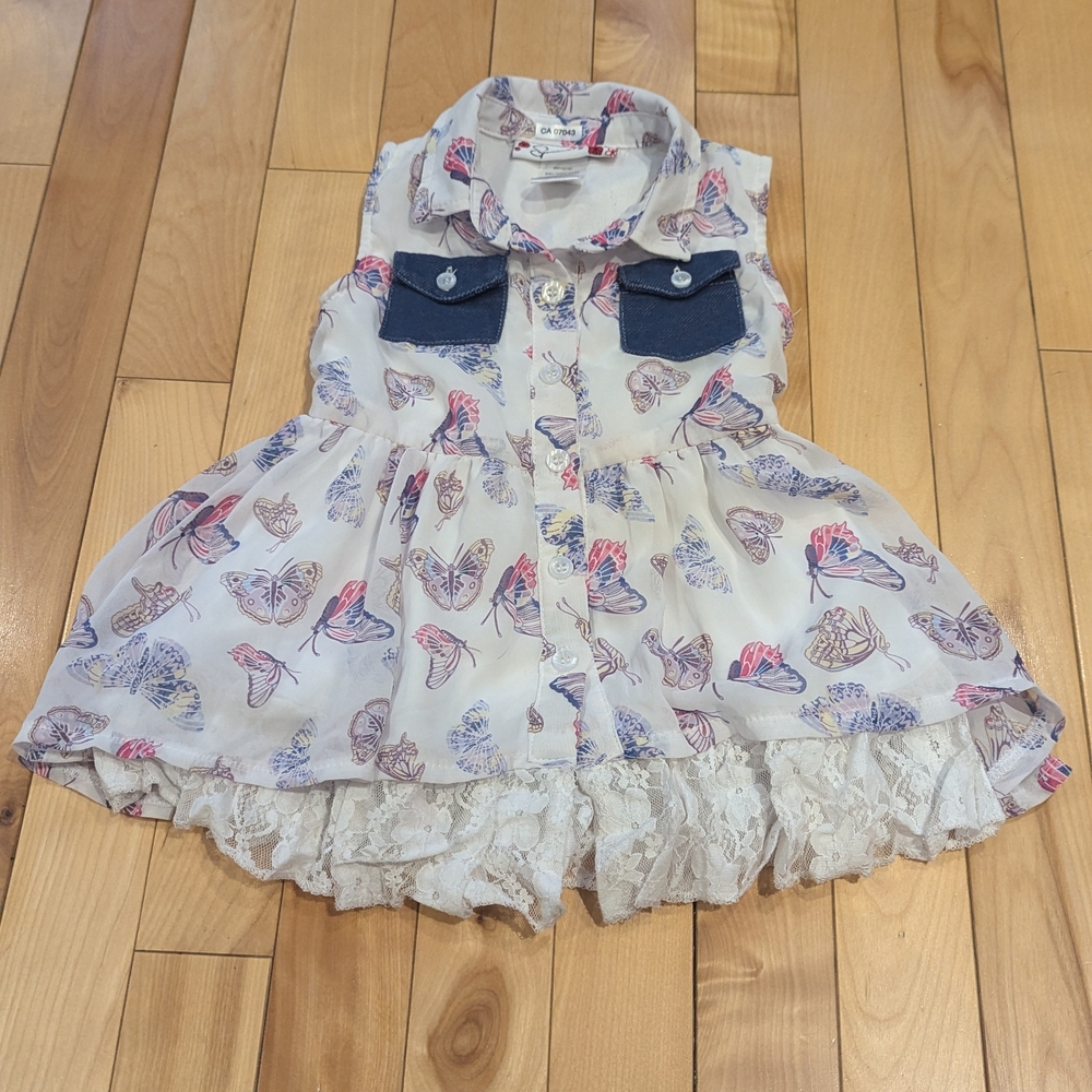 Butterfly Print Sleeveless Dress with Lace Hem